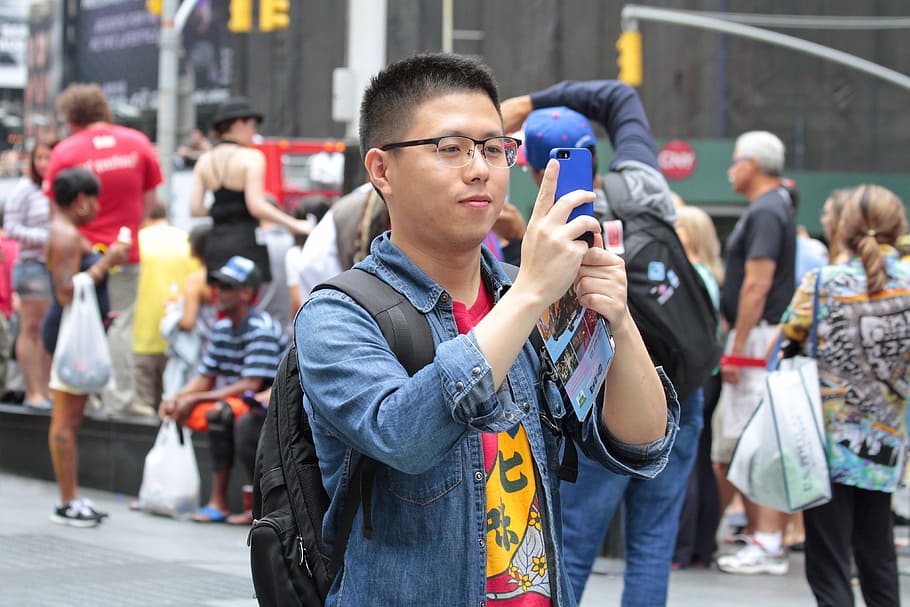 man, taking, holding, brochure, Selfie, Asian, Dude, New York City, selfportrait, phone