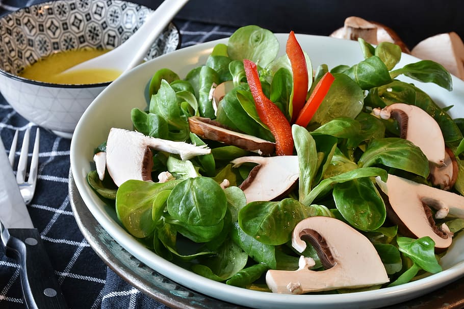 vegetable salad, white, ceramic, bowl, lamb's lettuce, arugula, mushrooms brown mushrooms, raw food, green, salad dressing