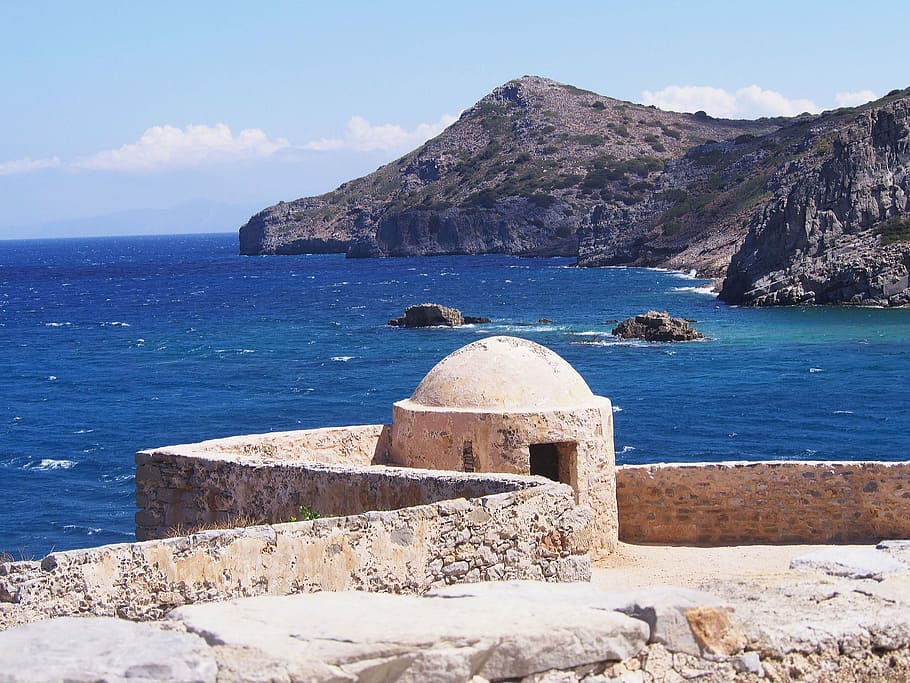 greece, island, crete, sea, landscape, holidays, nature, spinalonga, rocks, water