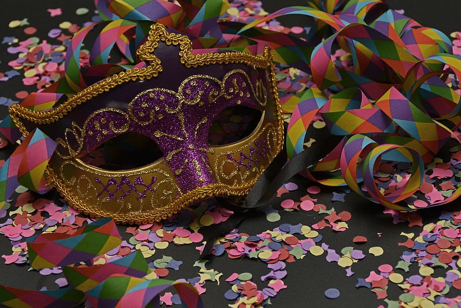 purple, yellow, masquerade mask, mask, carnival, confetti, streamer, colorful, venice, mysterious