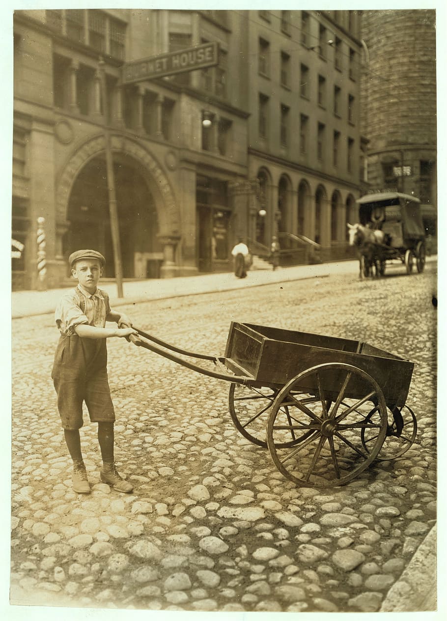 child labor, boy, carriage, historic, people, children, black and white, sepia, america, pavement
