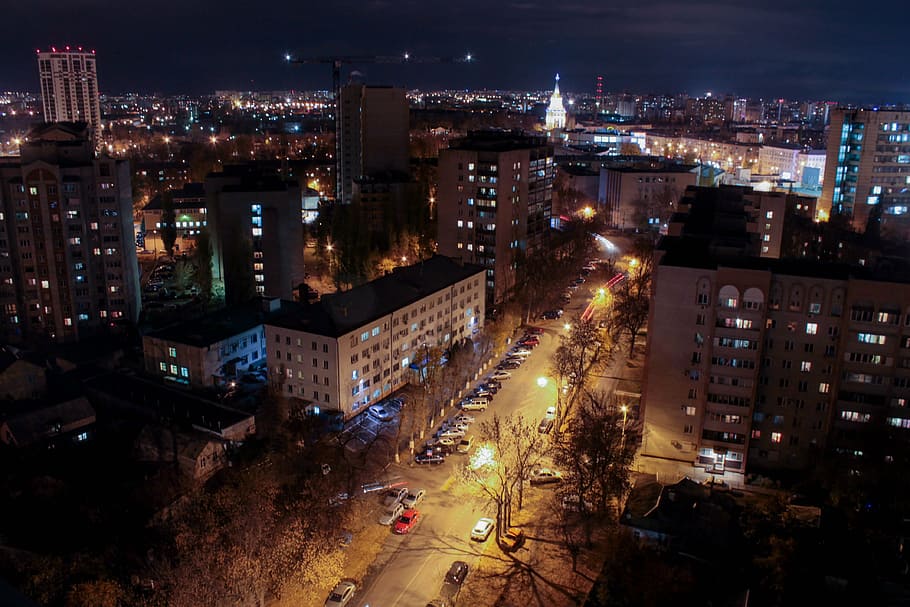 voronezh, night city, view from above, building exterior, city, architecture, illuminated, built structure, cityscape, night