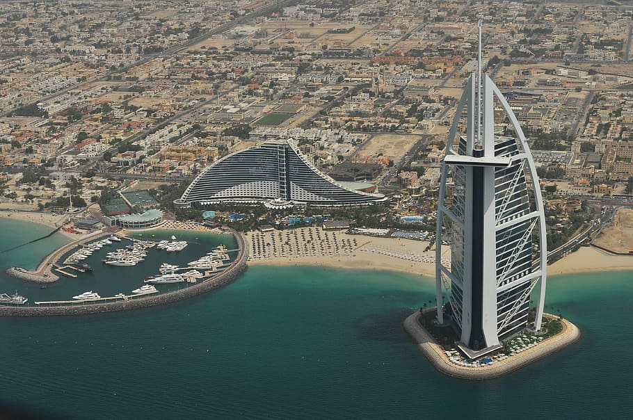 burj al arab, dubai, daytime, aerial, photography, burge, khalifa, architecture, buildings, office