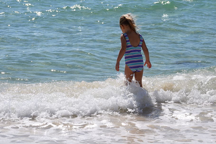 girl, walking, beach shore, child in the surf, child, swim, fun, sport, activity, sand