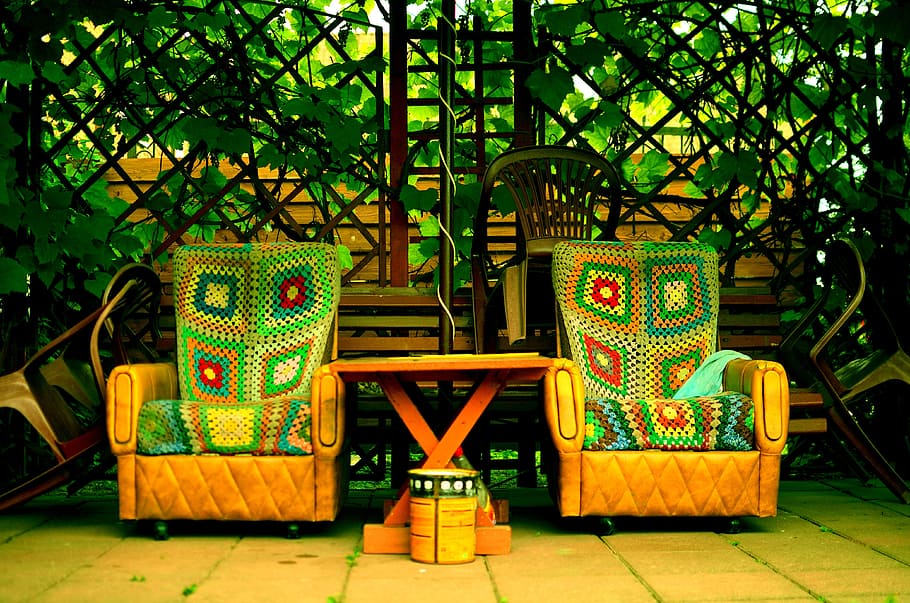 armchair, garden terrace, rest, the idyll, green, garden, home garden, comfort, tree, plant