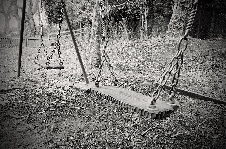 old, swing, swings, abandoned child, macro, chains, mesh seat, black, white, ground