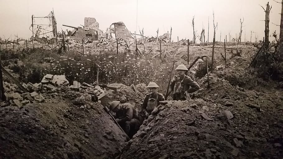 fotografia em escala de cinza, soldados, campo de batalha, Primeira Guerra Mundial, Trincheira, Guerra, Um, Mundo, ótimo, militar