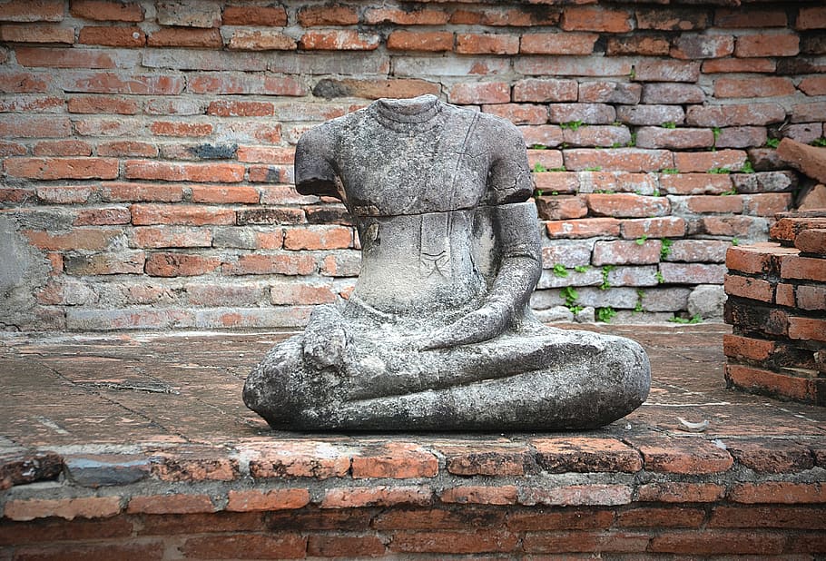Ayutthaya, Buddha, Wat Mahathat, steinbuddha, head, headless, thailand, world heritage, brick wall, statue