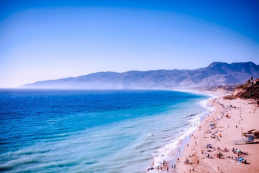 aérea, fotografia, praia, lotado, pessoas, Malibu, Califórnia, areia, figuras, férias