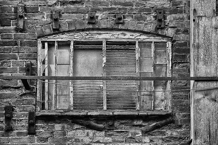 Snape Maltings, UK, grayscale photo of windows, built structure, brick wall, architecture, wall, wall - building feature, brick, old