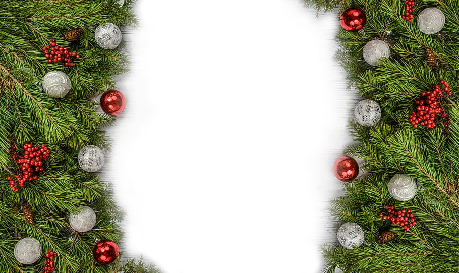 dos, verde, rojo, gris, adorno de navidad, fondo, telón de fondo, navidad, decoración, pino