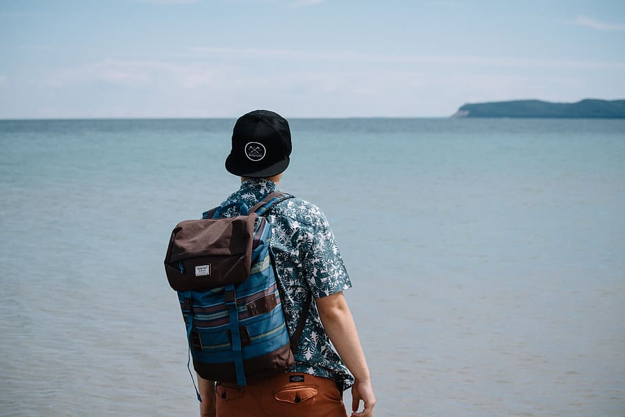 people, man, alone, travel, adventure, cap, ocean, sea, beach, mountain