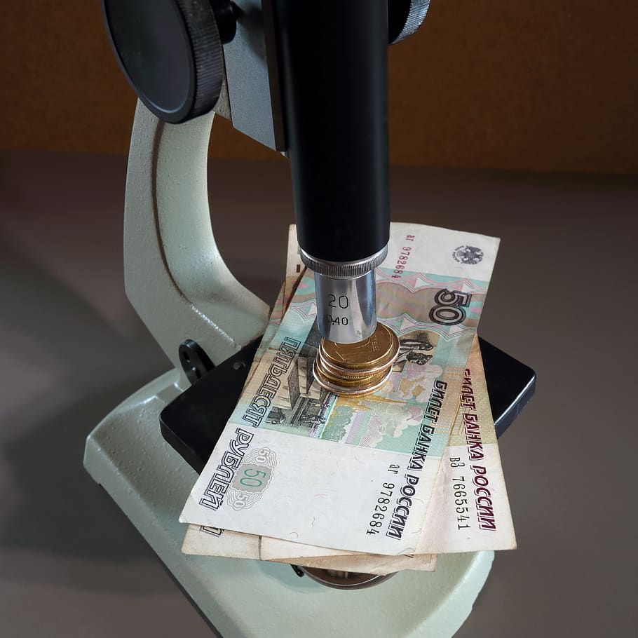microscópio, dinheiro, rublo, contas, moedas, lente, moeda, troca, finanças, economia