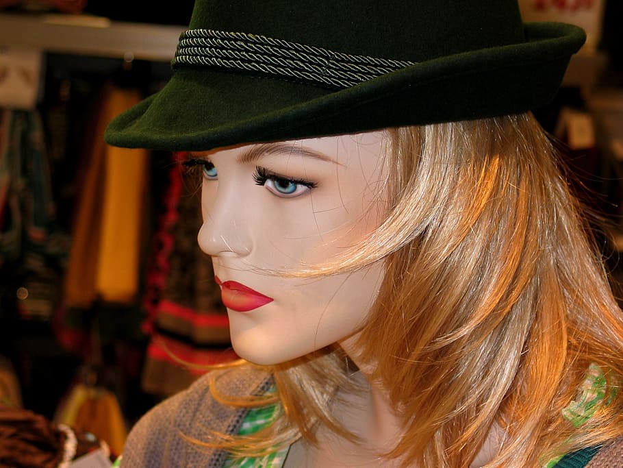 mannequin figure, deco, advertising, figure, doll, hat, profile, face, hair, eyes