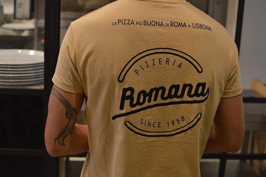 the roman, rome, pizzeria, text, western script, communication, midsection, one person, standing, men