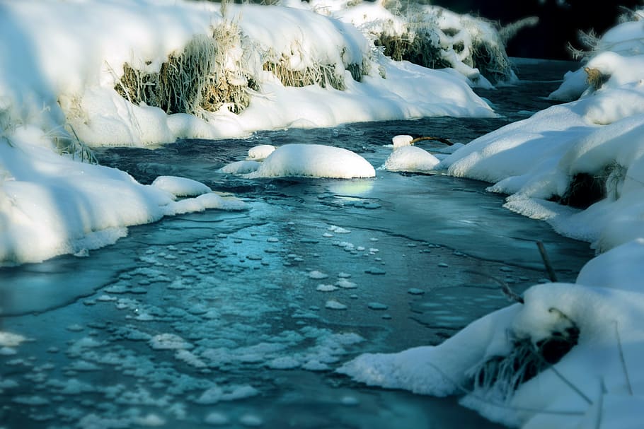 rio, cercado, neve, durante o dia, agua, inverno, gelo, natureza, azul, temperatura fria