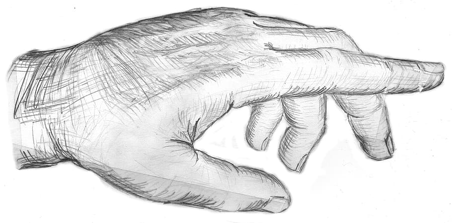 left, person, hand sketch photo, hand, showing, index finger, thumb, sketch, drawing, pencil drawing