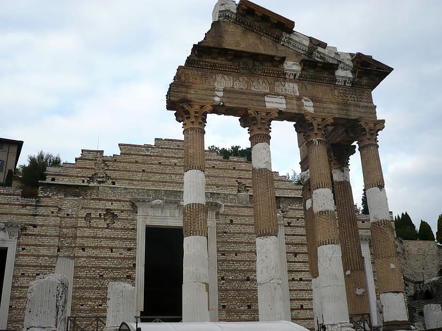 kuno, Romawi Kuno, kuil Romawi, Brescia, Italia, reruntuhan kuno, arsitektur, kuil runtuh, foto, domain publik