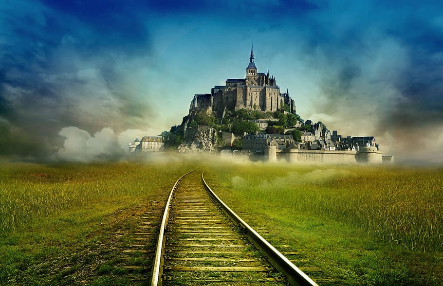 gris, hormigón, castillo, niebla, alrededor, monasterio michel bretaña, francia, carretera, tren, paisaje