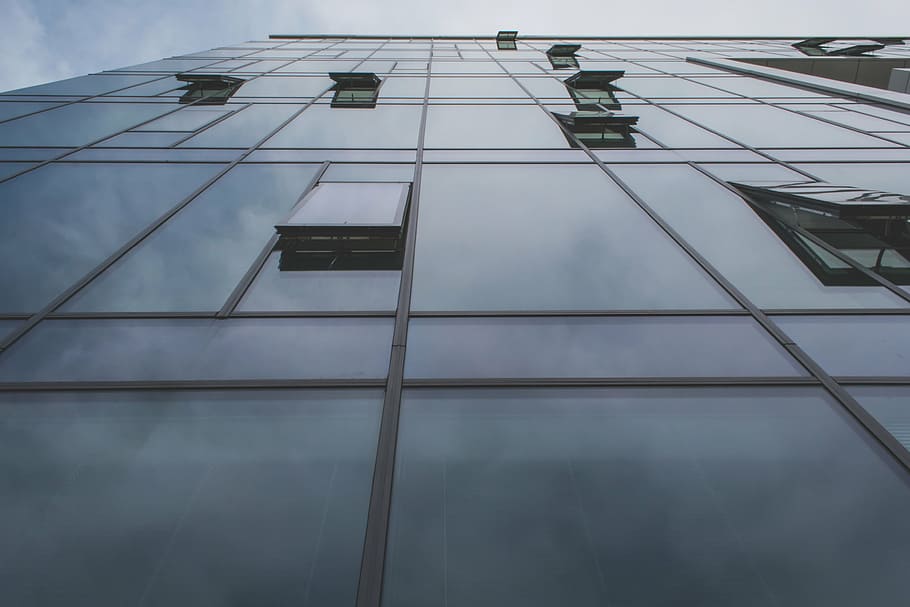 worm-eye, view, glass panels, building, gray, glass, windows, architecture, corporate, office