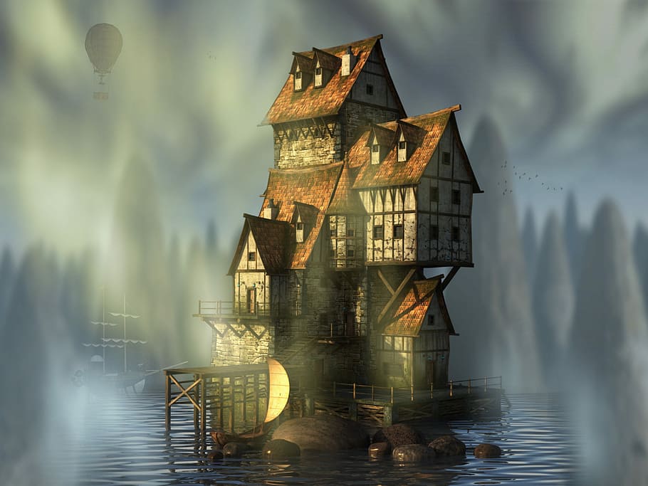 gray, brown, house, body, water illustration, waters, building, architecture, landscape, fantasy