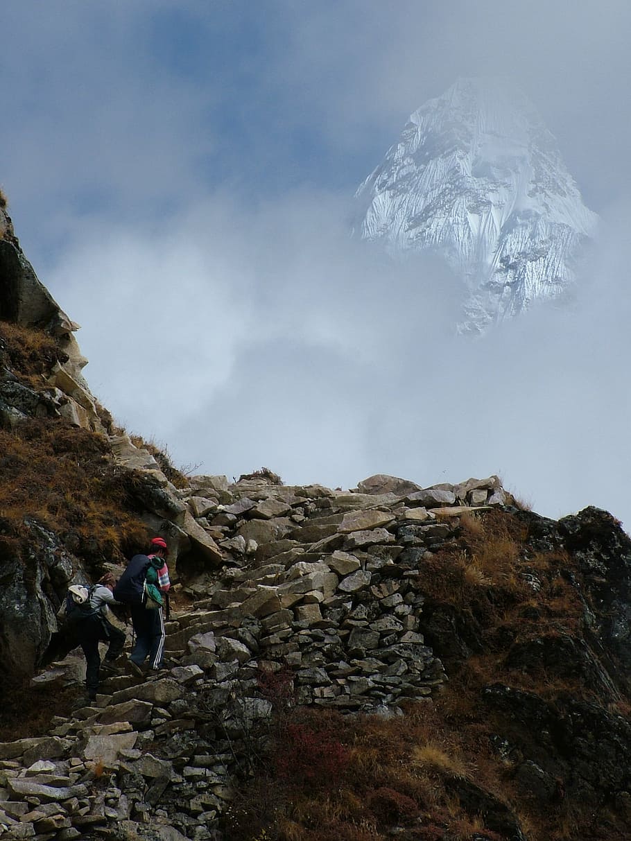 himalaia, maneira, montanhas, pedras, colina, penhasco, trilha, topo, nuvens, paisagem