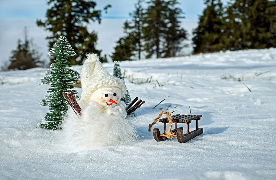 snowman, brown, sled, snow man, snow, winter, cold, wintry, figure, eismann