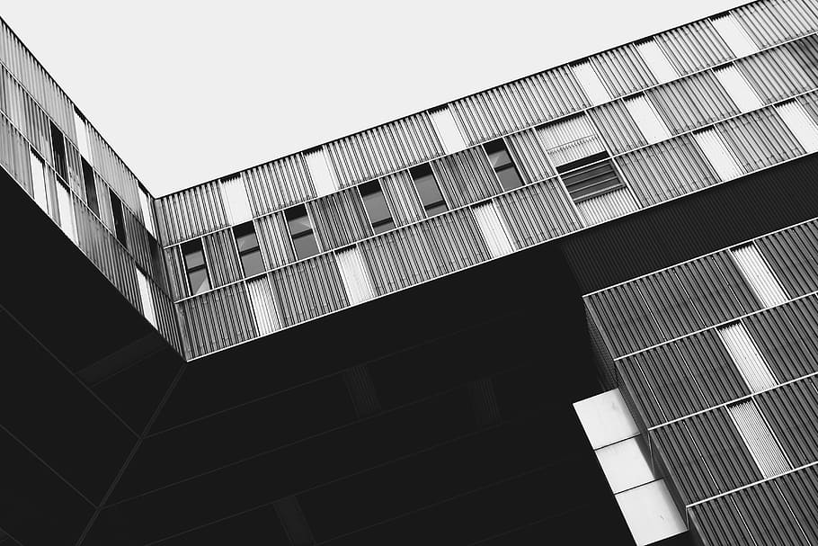 grayscale photography, building, low, angle, metal, frames, daytime, abstract, architecture, design