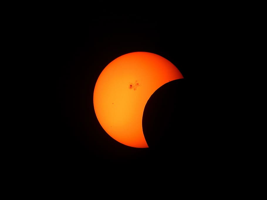 naranja, ilustración de media luna, eclipse solar parcial, telescopio, invertido, cosmos, sol, astronomía, fenómeno, espacio