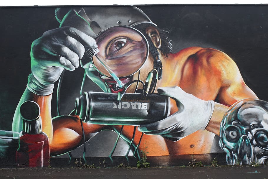 man, holding, black, capacitor painting, capacitor, painting, graffiti, urban, city, science