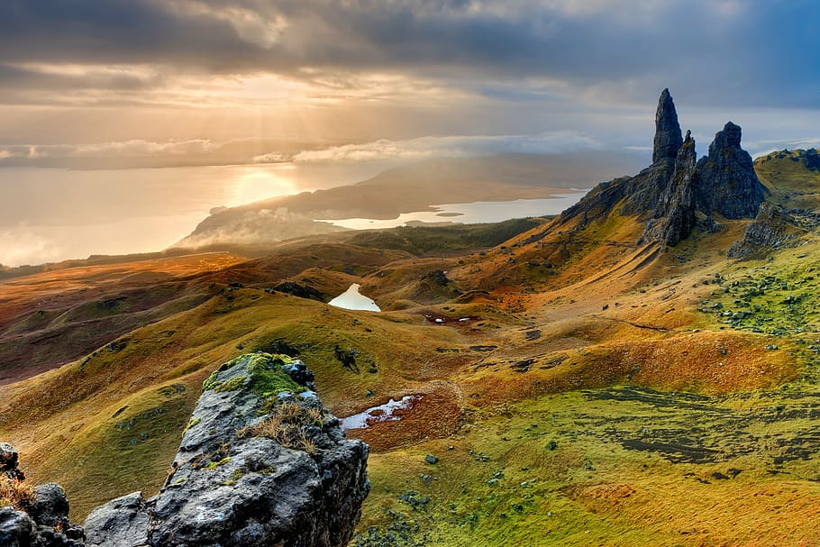 landscape photography, green, mountain, body, water, landscape, scotland, isle of skye, old man of storr, morning