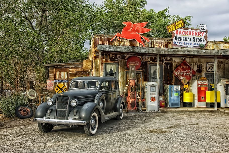 classic, black, car, parked, arizona, general store, route 66, shop, nostalgia, nostalgic