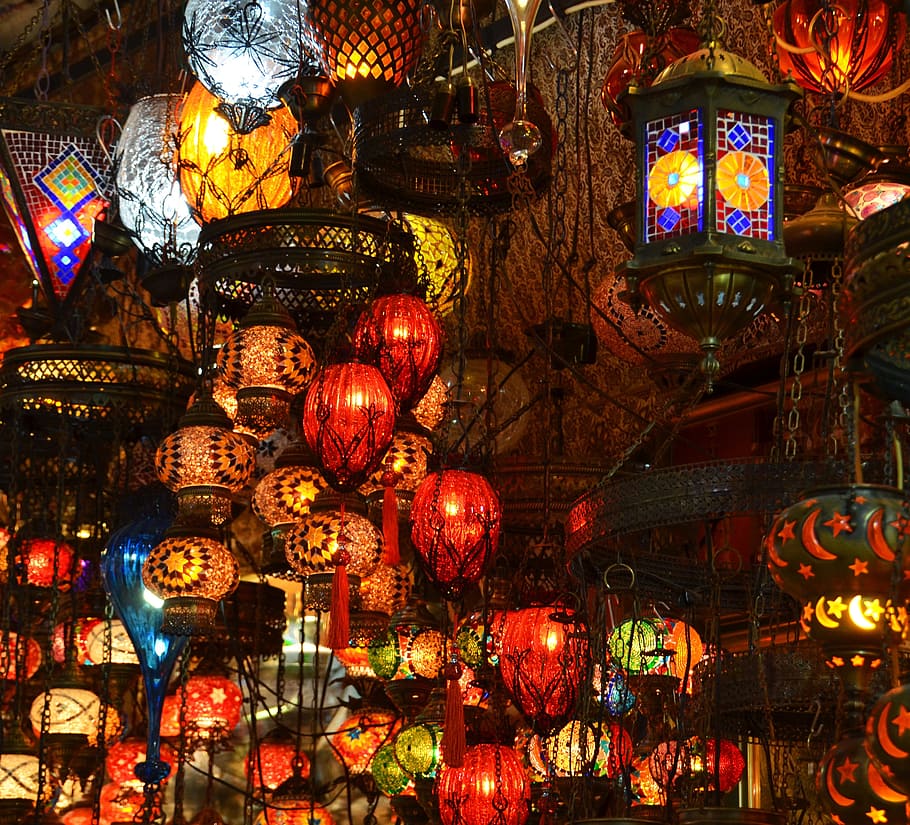 foto, variado, lote de lámparas colgantes, orientar, bazar, lámparas, estambul, turquía, cuentos de hadas, color