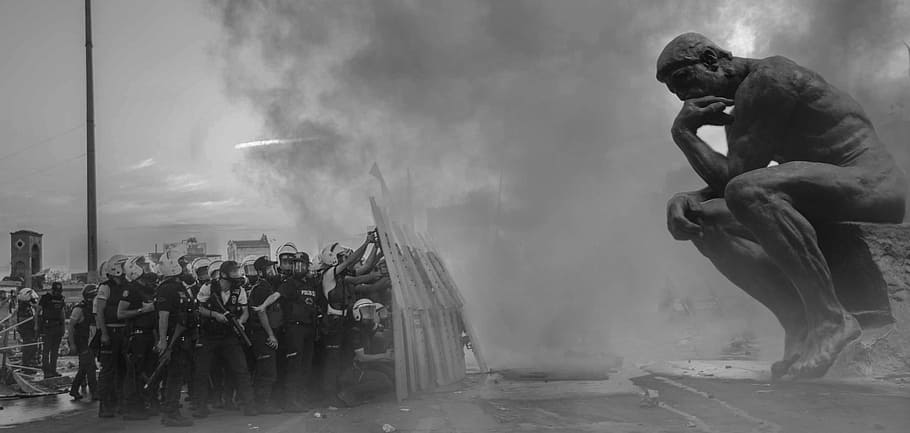 grayscale photography, riot police, front, thinker statue, police, violence, thinking man, mounting, journalist, helmets