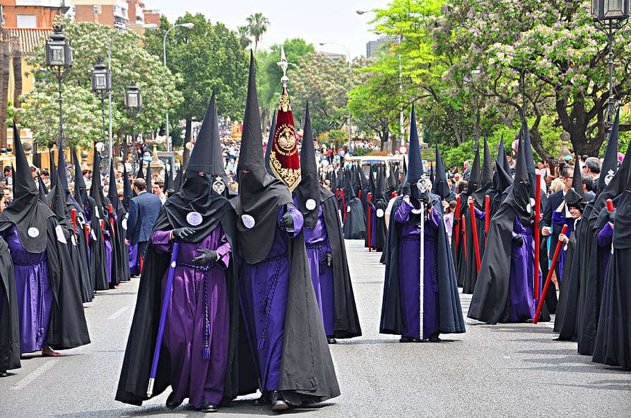 Desfile de cultista, pascua, sevilla, andalucía, españa, procesión, hermandad, nazareno, festival, religión