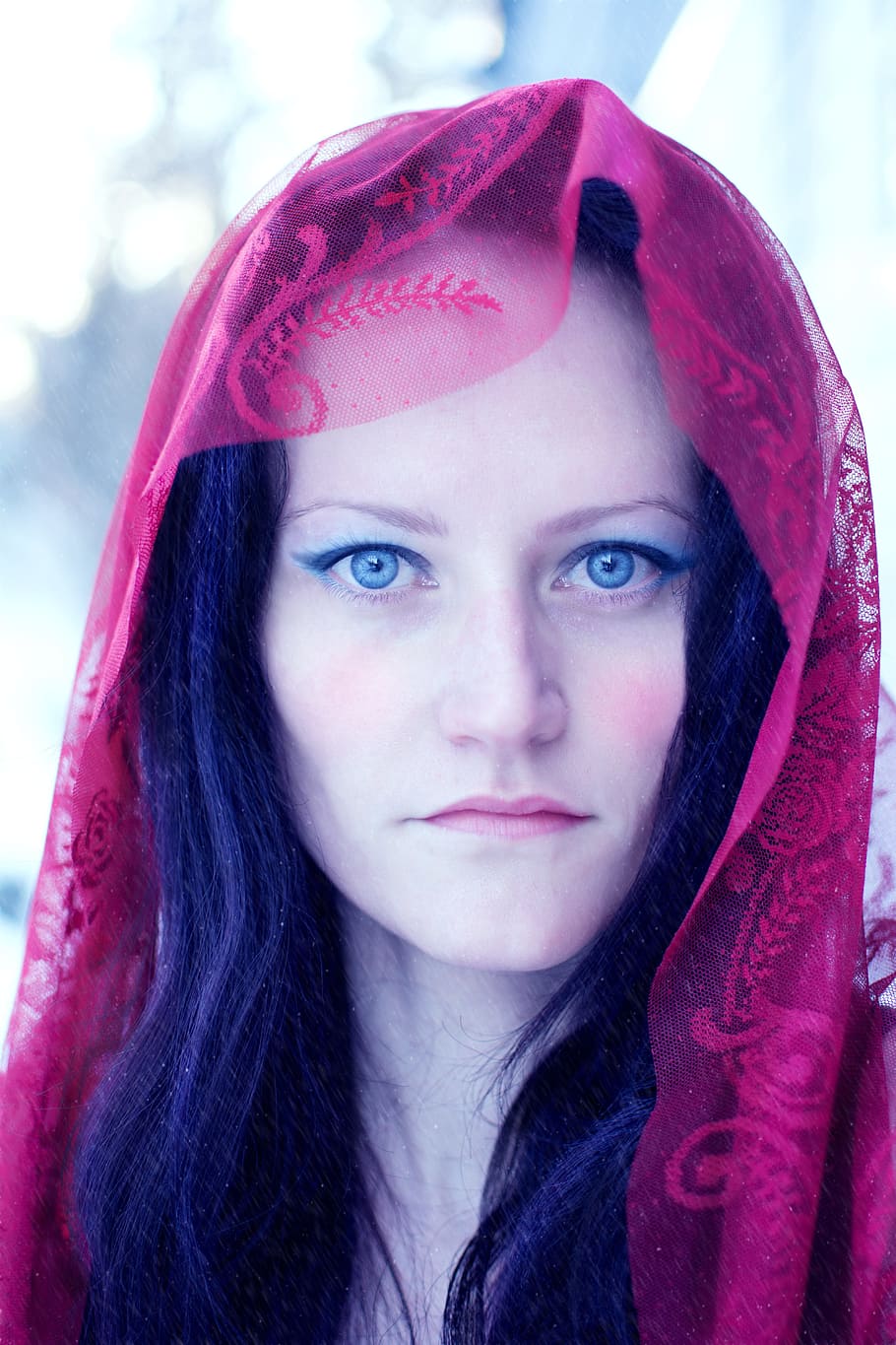 woman, wearing, red, headdress, portrait, winter, blue eyes, face, cold, headshot