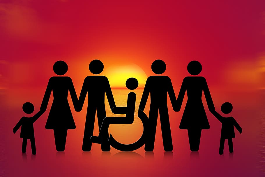 kelompok, orang, memegang, foto tangan, inklusi, kursi roda, pengguna kursi roda, cacat, jantung, merugikan