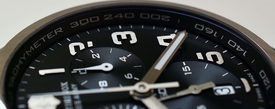 closeup, round, black, chronograph, watch, clock, time, masculine, pointer, time indicating