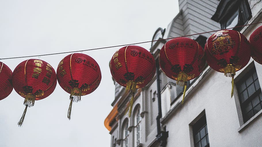 red, paper lantern, hanged, string, building, art, design, lantern, china, wire