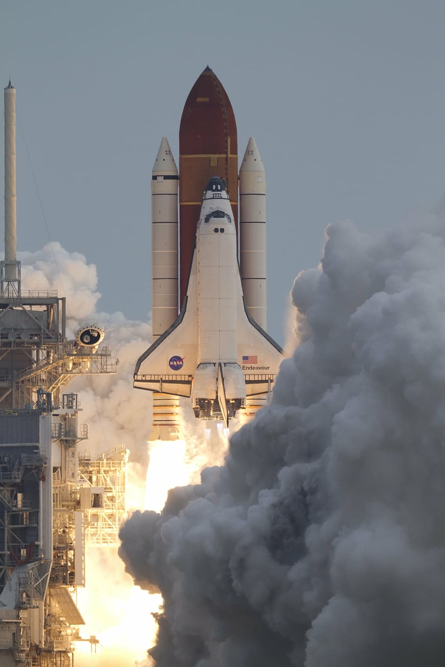 launching, white, space shuttle, space shuttle endeavour, liftoff, launch, launch pad, rocket boosters, exploration, mission