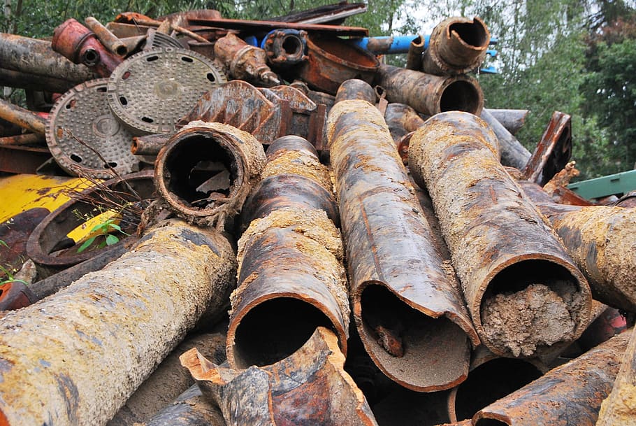 rusty, yellow, pipes, scrap iron, metal, iron, steel, garbage, recycling, junk