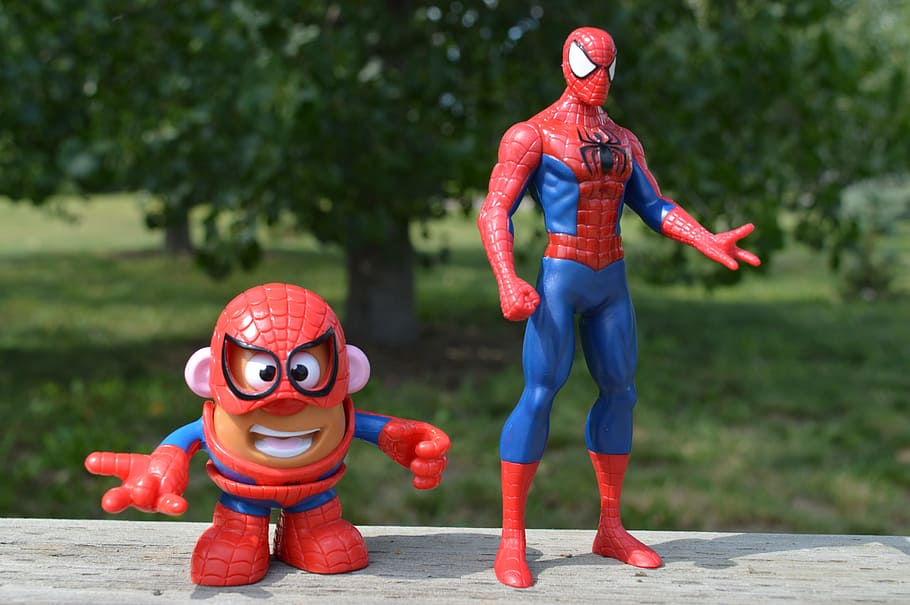 spider-man action figure, mr., potato man toy, spiderman, potato head, superhero, toys, action figures, pair, representation