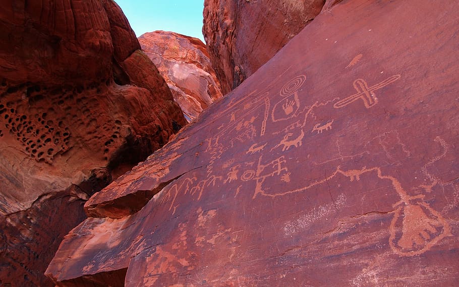 coklat, batu, biru, langit, lembah api, batu pasir, idaho, petroglif, simbol, penduduk asli Amerika