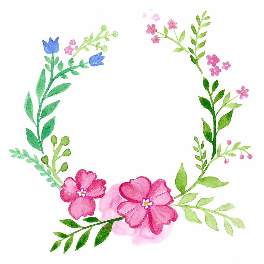 pink, green, petaled flower, digital, wallpaper, blue flowers, painting, wreath, floral, watercolour