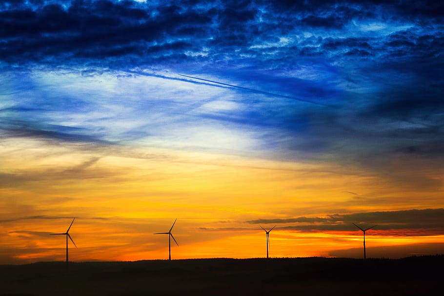 landscape photography, blue, yellow, clouds, front, four, windmills, sunrise, sun, windräder