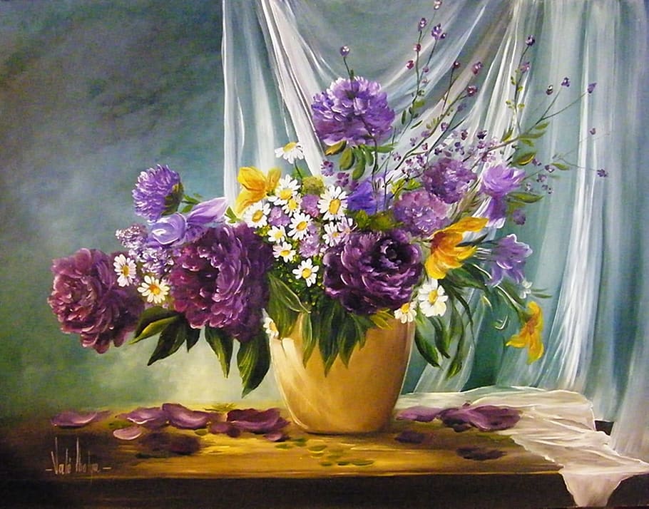 pintura, púrpura, arreglo floral, cuadro, arte, menstruación, flores, florero, pintura al óleo, Flor