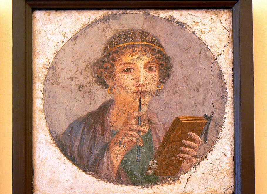 wanita, memegang, pena, lukisan buku, Potret, Romawi, Tua, Napoli, Pompeii, segar