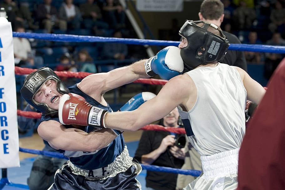 two, men, playing, boxing, ring, boxers, males, sport, fitness, glancing blow
