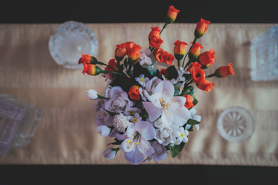 artificial, flowers, table, cloth, display, flower, flowering plant, plant, fragility, freshness