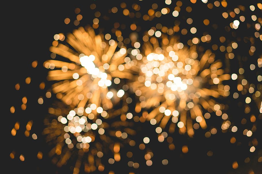 fogos de artifício ilumina o fundo, bokeh, elegante, dourado, fogos de artifício, luzes, fundo, 2018, 4 de julho, resumo